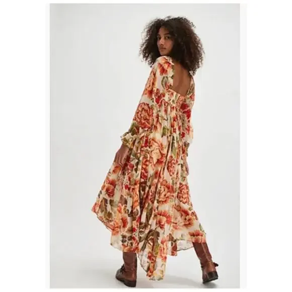 FREE PEOPLE Timeless Tapestry Maxi Dress Handkerchief Hem Boho Large NWT - Picture 2 of 13